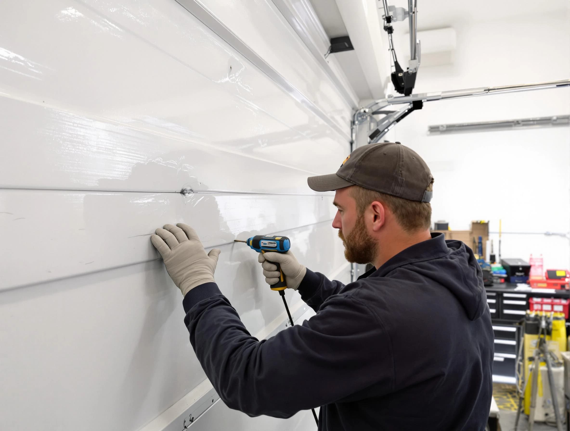 Bensley Garage Door Repair technician demonstrating precision dent removal techniques on a Bensley garage door